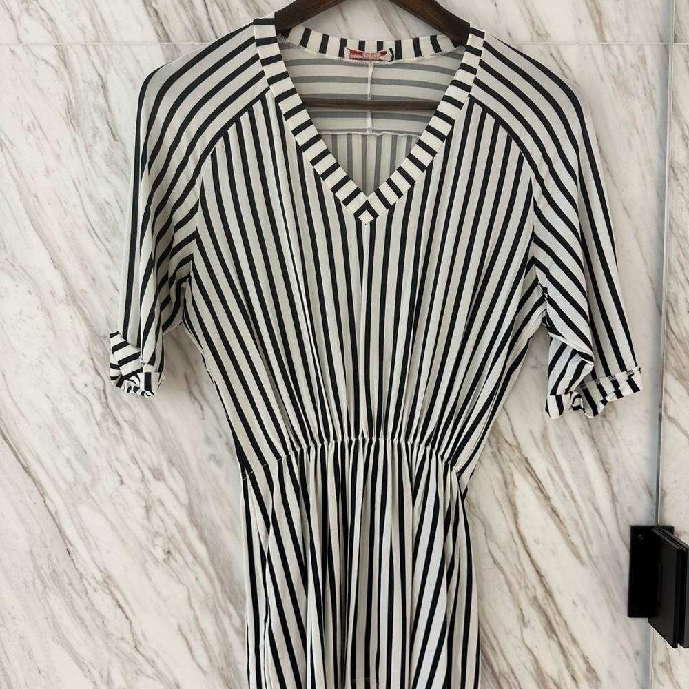 Prada Black and White Striped V-Neck Shirt